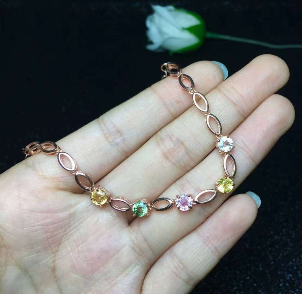 925 Sterling Silver Round Sapphire Bracelet For Women Natural Gemstone 5 x 5 mm