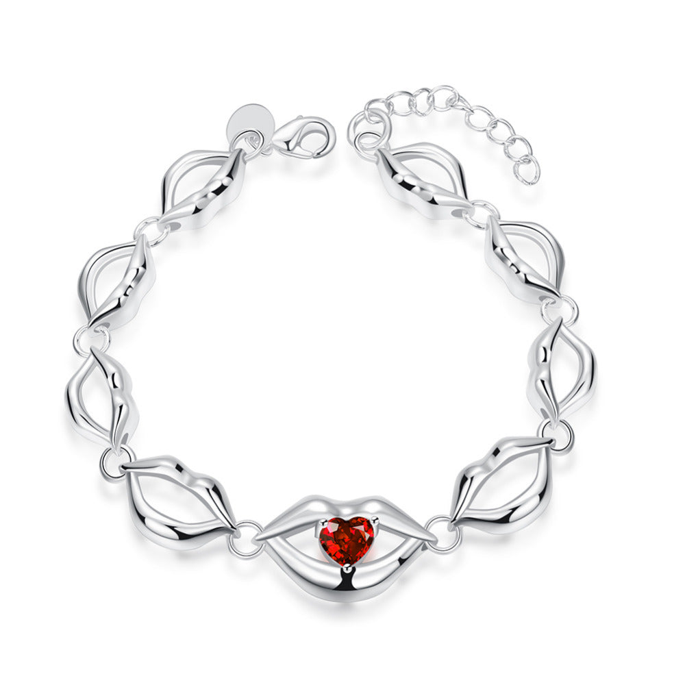 925 Sterling Silver Ruby Jewelry Sexy Red Lips Bracelet Fashion Mouth Shape Jewelry Bracelet For Women Girlfriend Gift