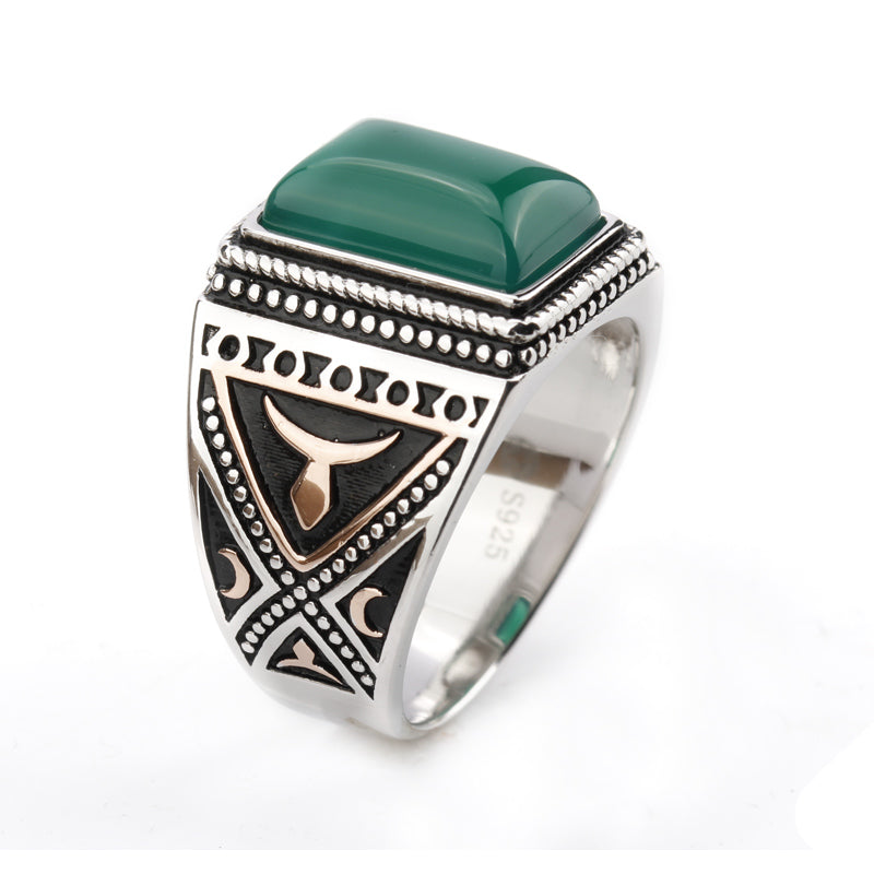 925 Sterling Silver Setting Green Agate Geometric Stone Ring Punk Style for Men Finger Ring Jewelry