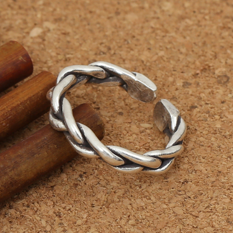925 Sterling Silver Simple Retro Hemp Rope Open Ring Men Thai Silver Adjustable Finger Ring ZY205