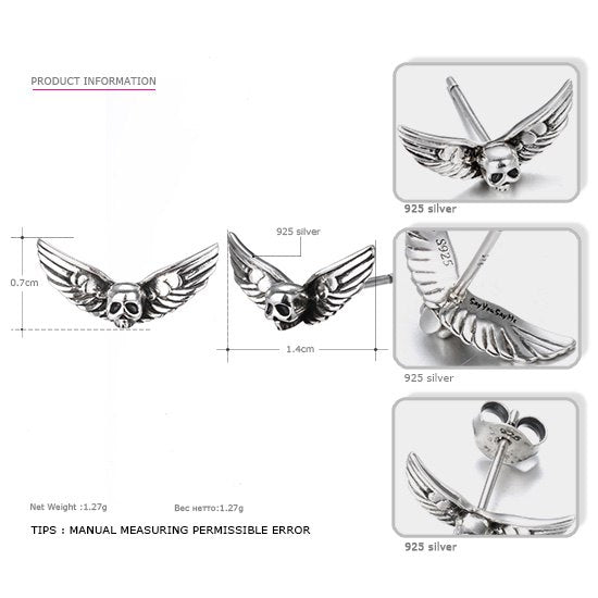 925 Sterling Silver Skull Stud Earrings Vintage Party Unisex Prevent Allergy Wings Earrings 2020 New Arrival