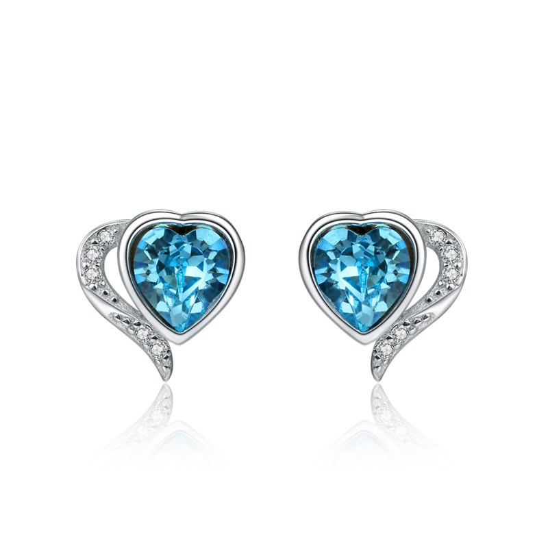 925 Sterling Silver Sky Blue/Pink Crystal Heart Stud Earrings with CZ Zircon for Women Girl Female Jewelry Wedding Gift