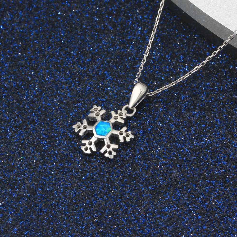 925 Sterling Silver Snowflake Pendant Necklace Blue Opal Chain Necklaces Valentine's D Fine Jewelry for Women(Lam Hub Fong)