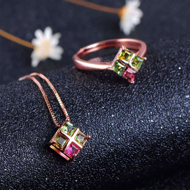 925 Sterling Silver Square Peridot Pendent Necklace, Ring, Jewelry Set Natural Gemstone 3 x 3 mm