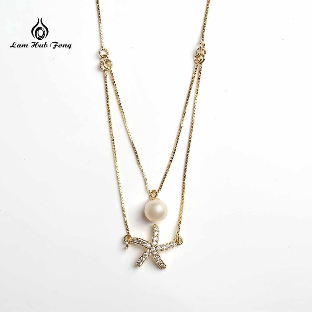 925 Sterling Silver Starfish Pendant Necklace Pearl Sea Star Gold Color Cubic Zirconia Simple For Women Bijoux Femme