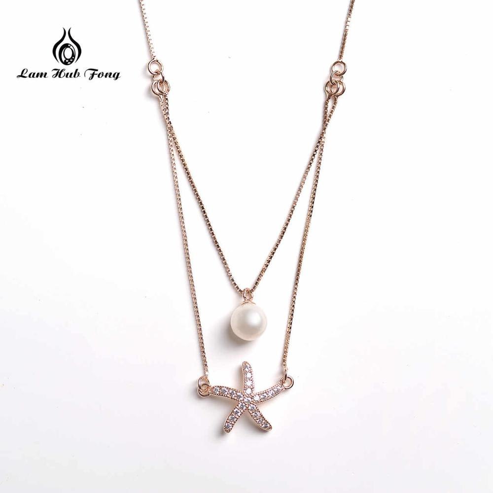 925 Sterling Silver Starfish Pendant Necklace Pearl Sea Star Gold Color Cubic Zirconia Simple For Women Bijoux Femme