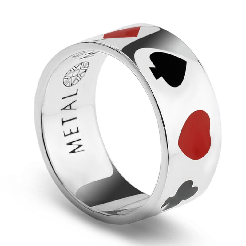 925 Sterling Silver Street Poker Ring with Black and Red Enamel Magician Unique Design for Men Women Lovers Halloween Jewelry