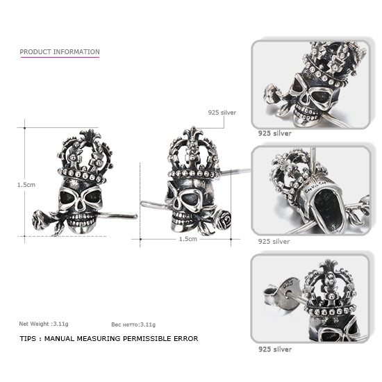 925 Sterling Silver Stud Crown Skull Earrings Vintage Party Unisex Prevent Allergy Rose Earrings 2020 New