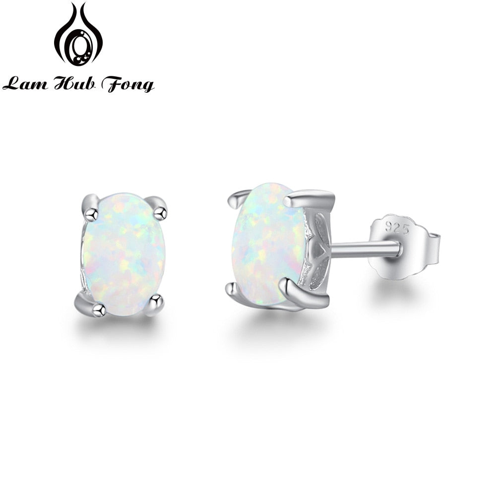 925 Sterling Silver Stud Earrings For Women Cute 4mm Oval White Pink Blue Fire Opal Earrings Wedding Jewelry Gift (Lam Hub Fong)