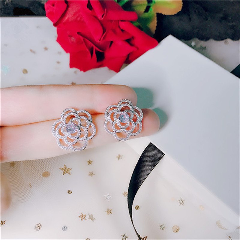 925 Sterling Silver Stud Earrings For Women Rose Flower Temperament Cubic Zirconia Double Color Luxury Fine Jewelry Anti Allergy