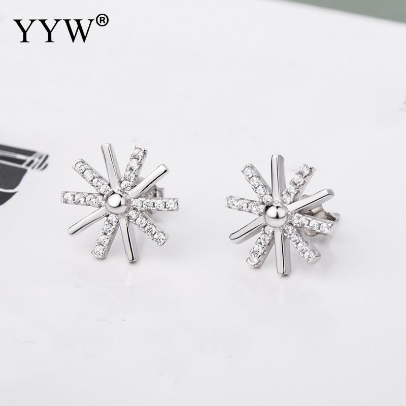 925 Sterling Silver Stud Earrings Snowflake Plated Micro Pave Cubic Zirconia & For Woman