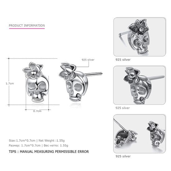 925 Sterling Silver Stud Skull Earrings Vintage Antique Silver Party Elegant Prevent Allergy Flower Earring