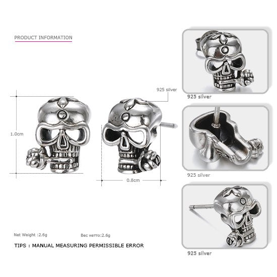 925 Sterling Silver Stud Skull Earrings Vintage Silver Party Unisex Prevent Allergy Flower Earrings 2020 New