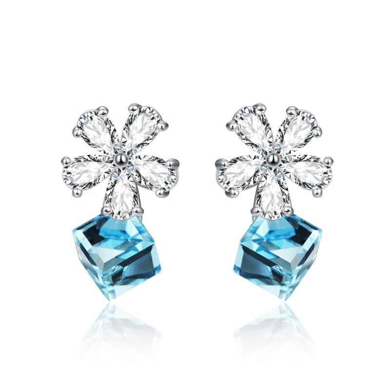 925 Sterling Silver Studs Earrings For Women Austrian Crystal Earrings AAA Zircon Flowers Blue/Pink Crystal New