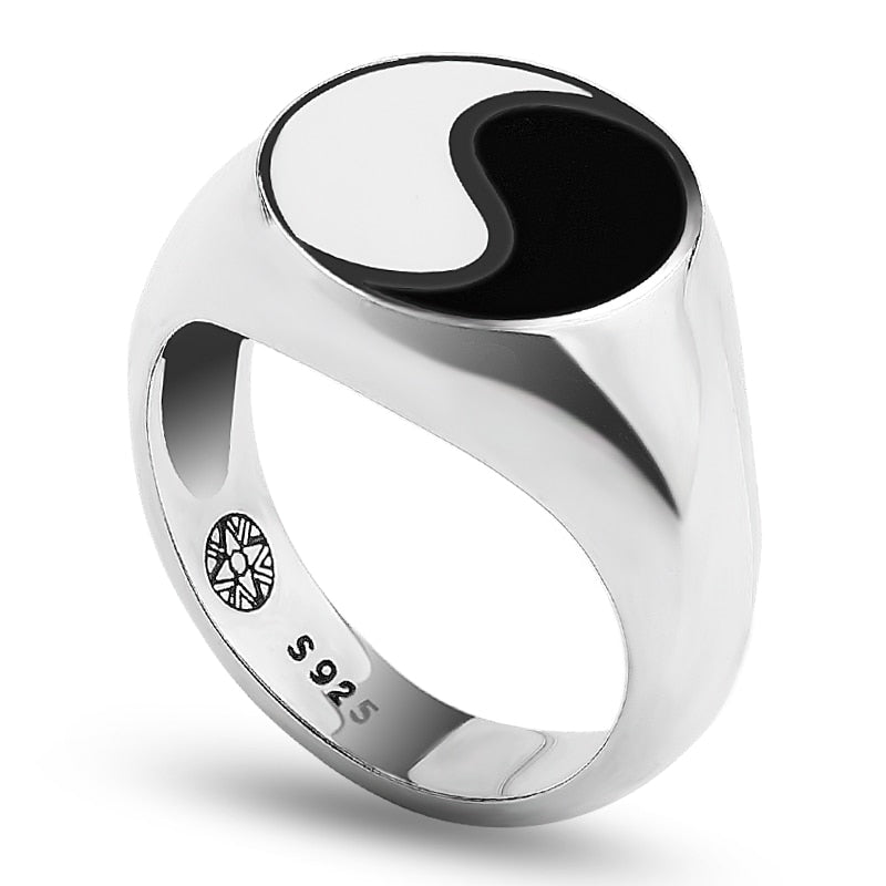 925 Sterling Silver Tai Chi Yin Yang Ring White & Black Enamel Personality Balance Asian Vintage Ring on a Finger For Men Women