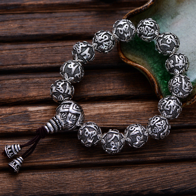 925 Sterling Silver Thai Retro Men Jewelry Six Words Mantra Buddha Beads Transfer Rosary Bracelet CH054149