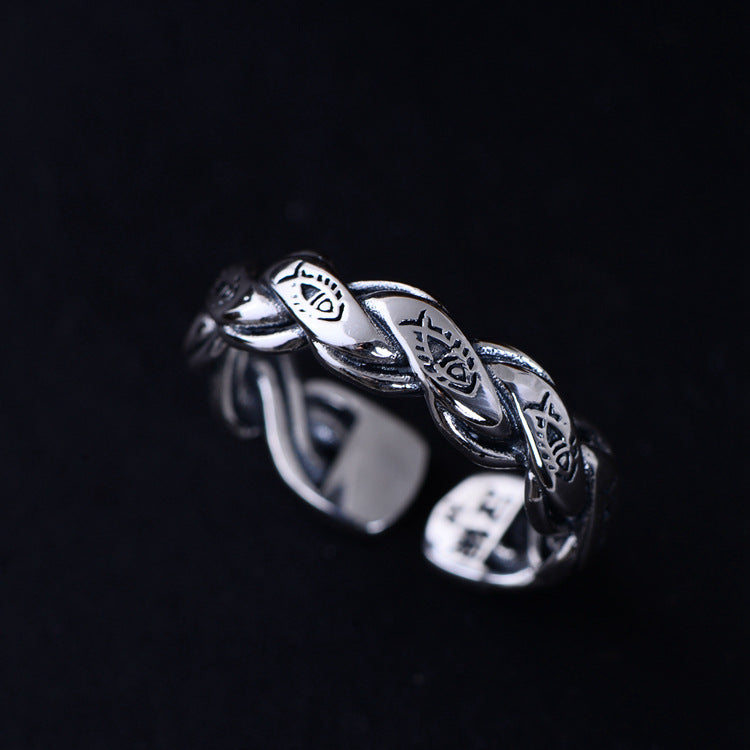 925 Sterling Silver Vintage Couple Adjustable Fish Open Ring Thai Silver Retro Jewelry Braided Woven Tail Ring CH058836
