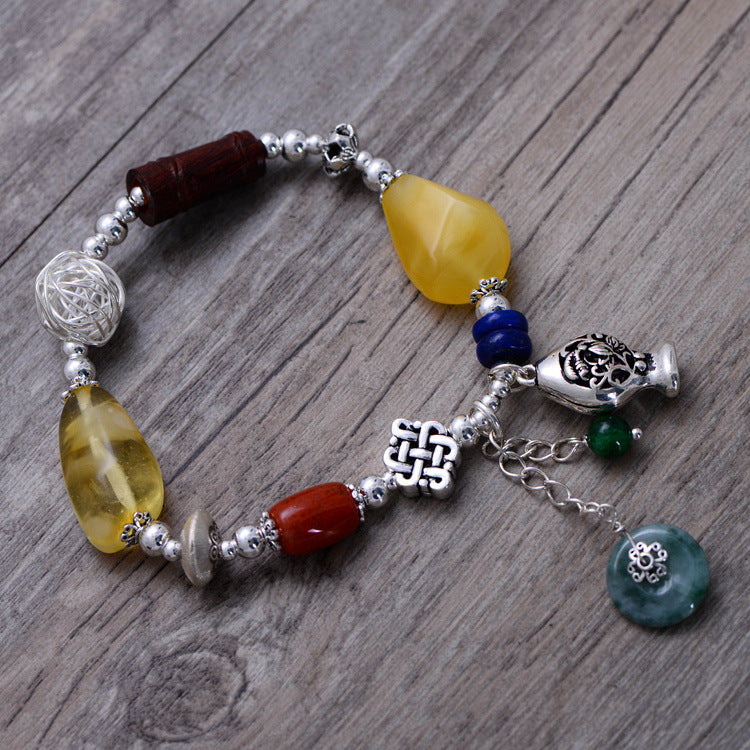 925 Sterling Silver Vintage Nature Yellow Beeswax & Red Souther & Green Jade Bracelet Women Thai Silver Gift Jewelry CH058798