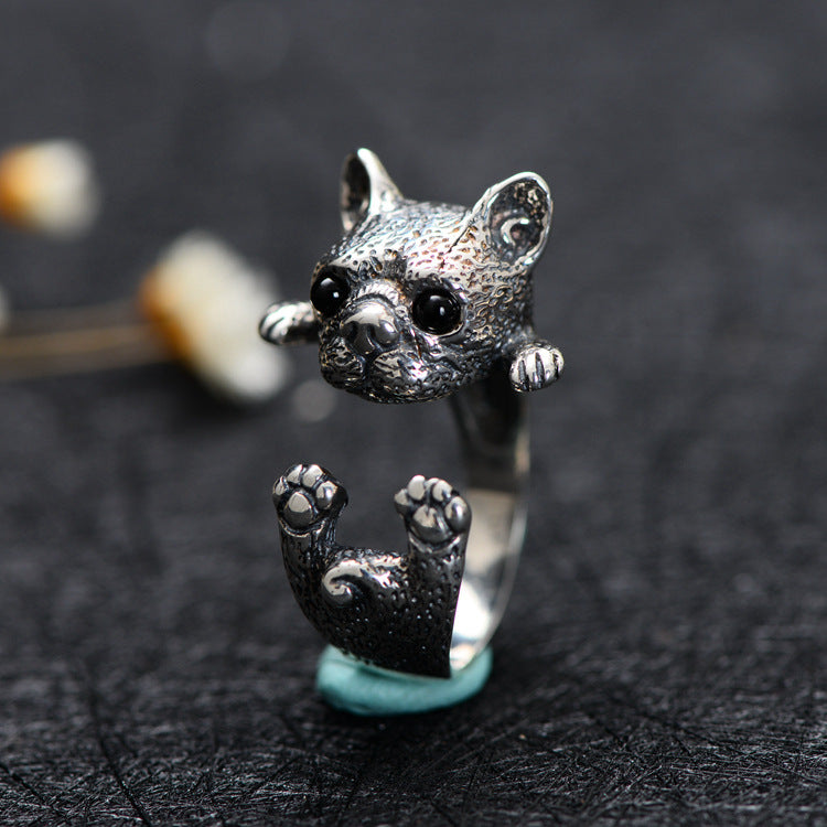 925 Sterling Silver Vintage Open Ring Thai Silver Retro Black AgateJewelry Personality Cute French Puppy CH060099