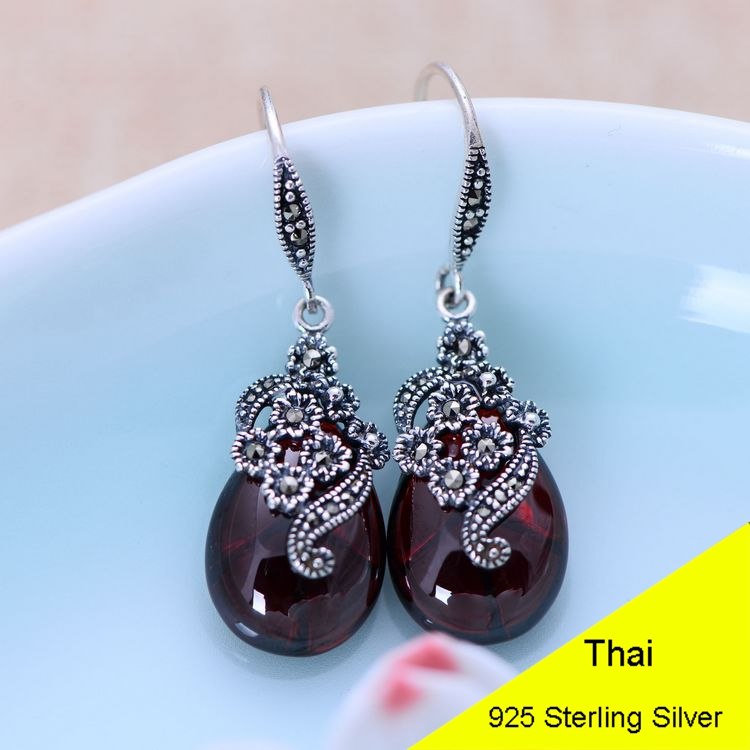925 Sterling Silver Waterdrop Corundum Opal Agate Garnet Drop Earring Women Thai Silver Gift Brincos Aretes CH034628
