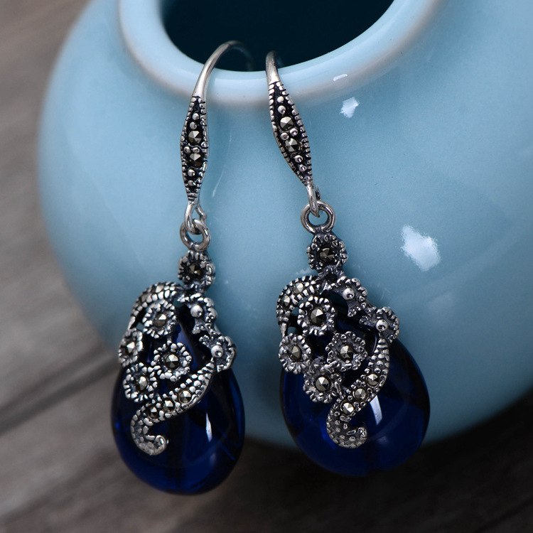 925 Sterling Silver Waterdrop Corundum Opal Agate Garnet Drop Earring Women Thai Silver Gift Brincos Aretes CH034628