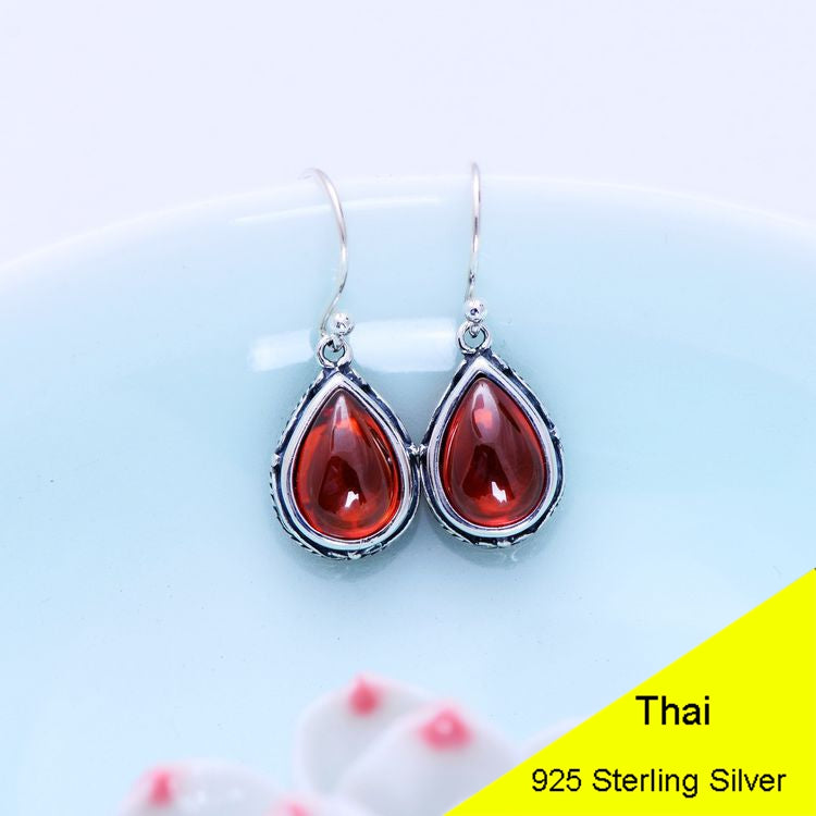 925 Sterling Silver Waterdrop Red Garnet & Green Agate Drop Earring Women Thai Silver Gift Brincos Aretes Jewelry CH012525