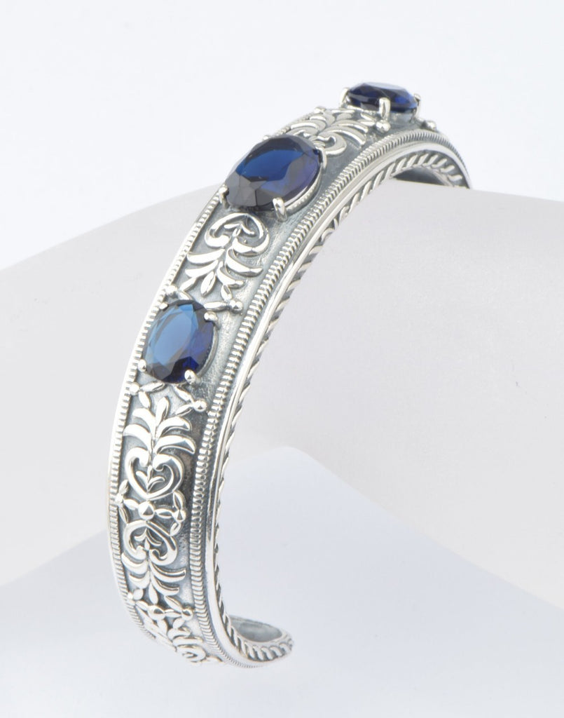 925 Sterling Silver Women Bangle Bohemia Vintage Antique Charm Bracelet Flower Carved Base Created Precious Stone Party Cocktail