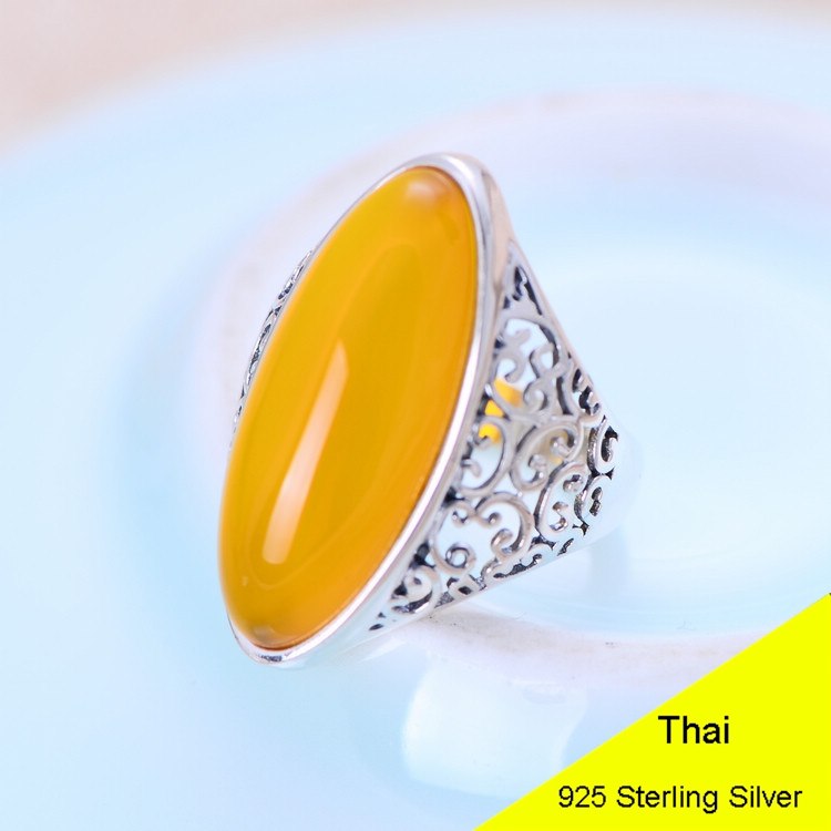 925 Sterling Silver Yellow & Black Chalcedony Ring Women Thai Silver Fine Jewelry Gift Openwork Pattern Finger Ring CH049263