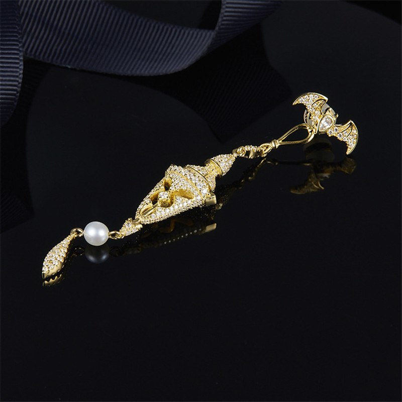 925 Sterling Silver Yellow Gold Color Bat and Lantern Asymmetry Earrings Cubic Zirconia Drop Earring Women Monaco Jewelry