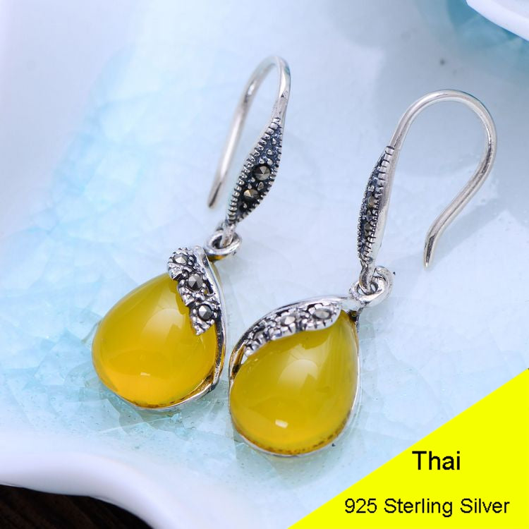 925 Sterling Silver Yellow & Green Chalcedony Waterdrop Drop Earring Women Thai Silver Gift Brincos Aretes Jewelry CH054646