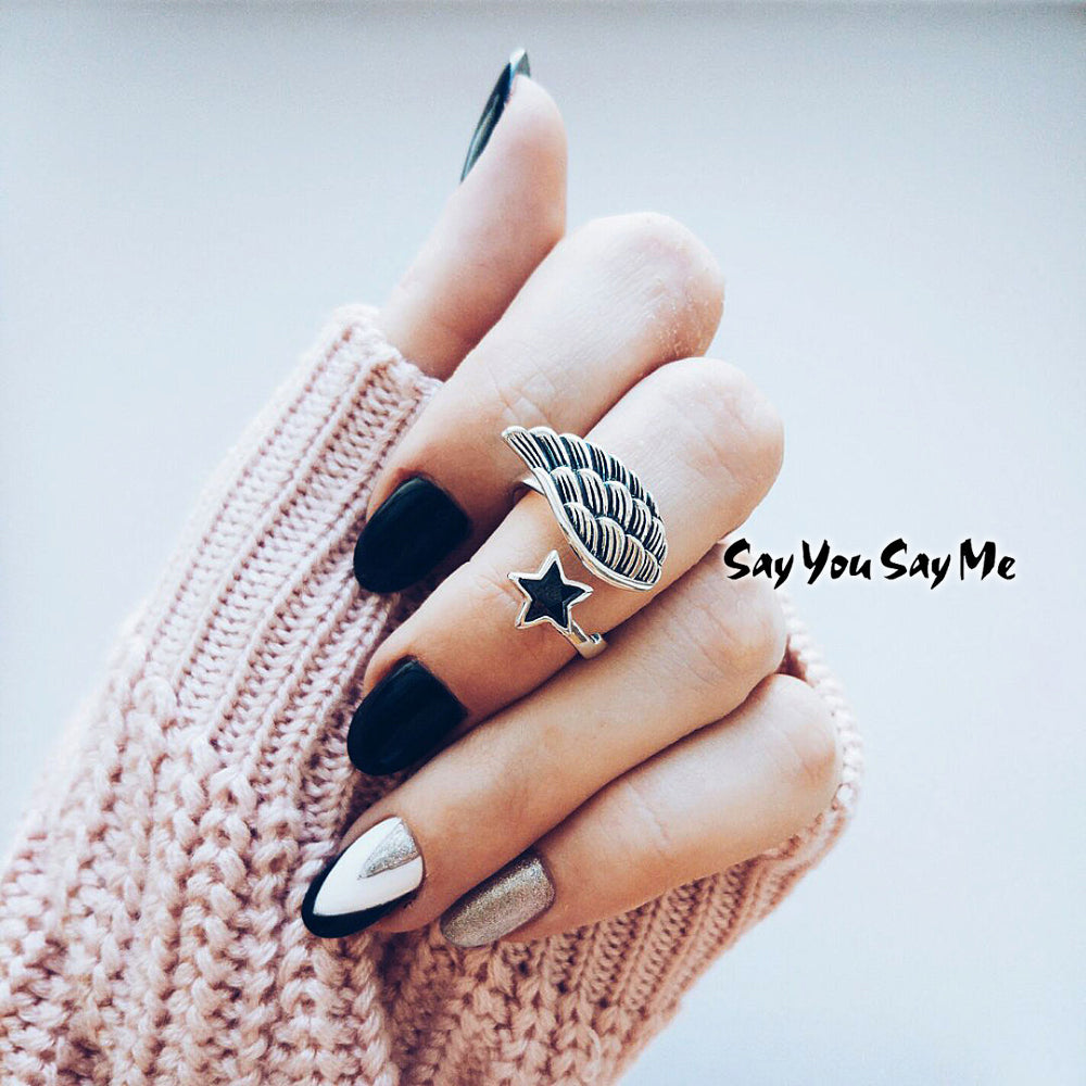 925 Sterling Silver Zircon Star Rings Wedding Engagement Wholesale Cuff Wing Ring Unisex 2020 New Arrival Gifts You Me