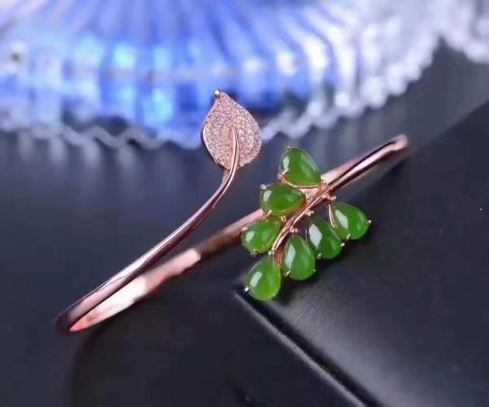 925 Sterling Silver green jade Bangles trendy natural jewelry simple style Flower open Bangles sz0507agby