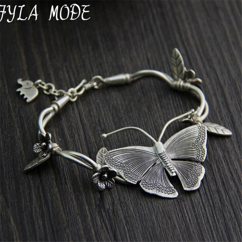 925 Thai Silver Multilayer Flower Pendant Bracelets&Bangles Fashion Women Elephant Butterfly Charm Bracelet Jewelry Accessories