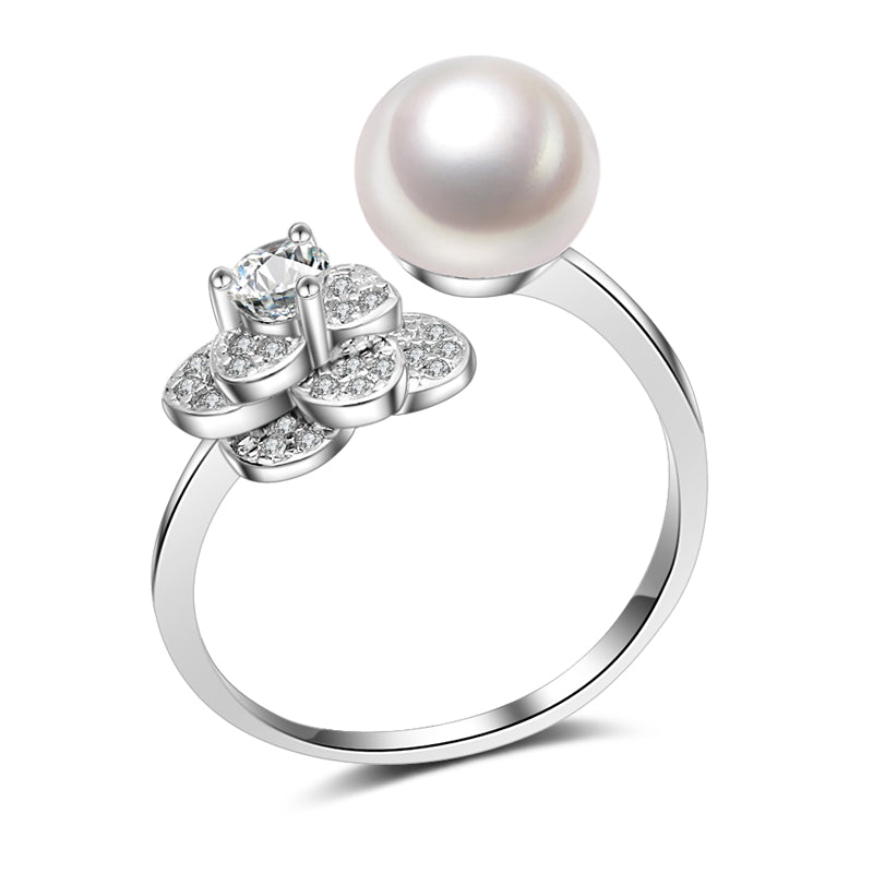 925 silver open flower ring women party gift,Genuine white black gey natural pearl ring