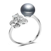 925 silver open flower ring women party gift,Genuine white black gey natural pearl ring