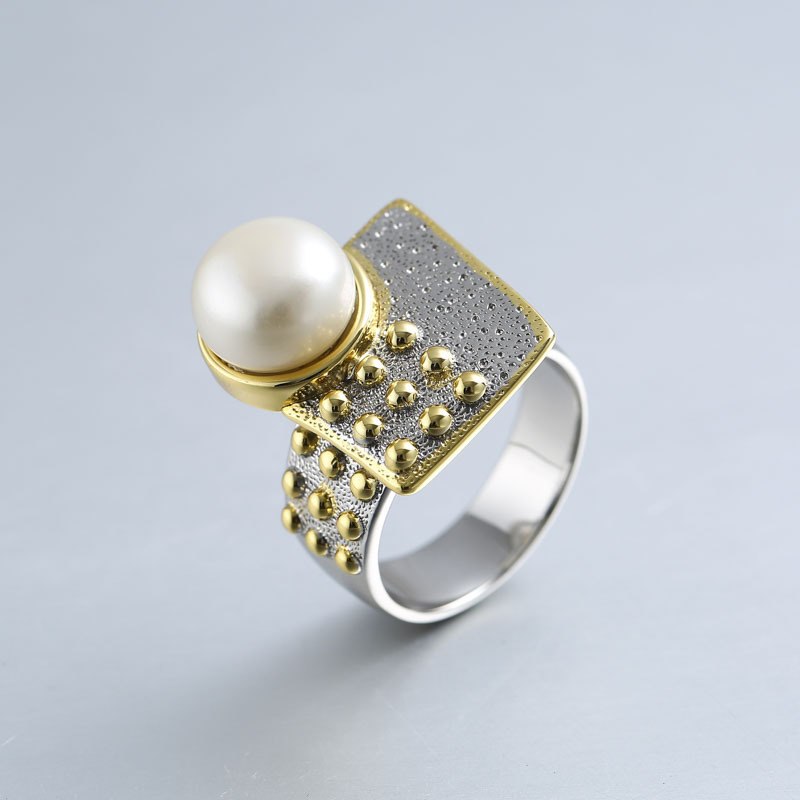 925 sterling silver 10mm pearl rings gold handmade design geometric faceplate natural Baroque pearl rings for women jewelry