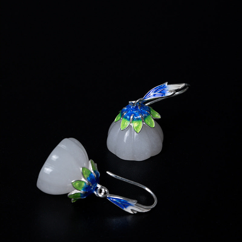925 sterling silver Ethnic enamel jade earrings luster jade fine enamel wild design charms temperament drop earrings jewelry