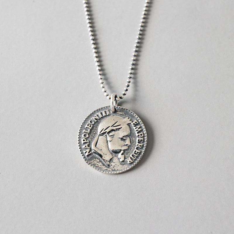 925 sterling silver Napoleon Bonaparte figure coin pendant necklace vintage fashion round necklace for women collier femme