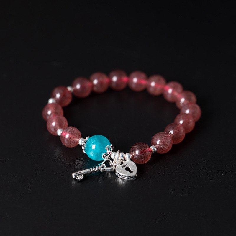 925 sterling silver Strawberry Quartz bracelets lock key handmade DIY natural stone Amazonite bracelets for women jewelry charms