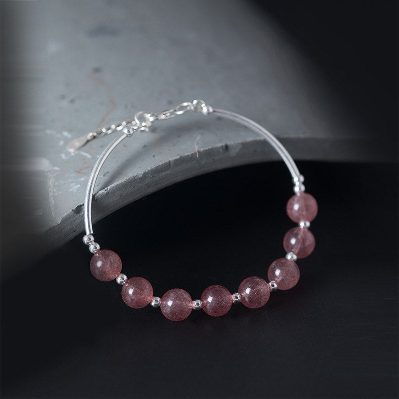 925 sterling silver Strawberry crystal bracelets pink handmade DIY bend tube strawberry Quartz bracelets for women jewelry gift