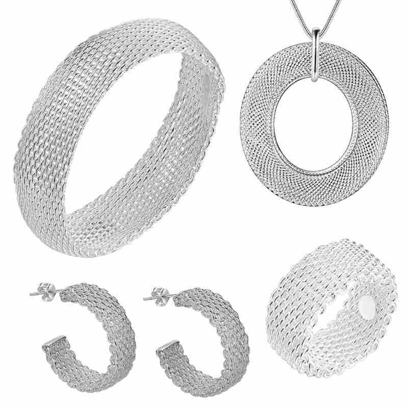 925 sterling silver beautiful Woven Mesh pendant necklace earrings bangle rings for women wedding engagement jewelry set