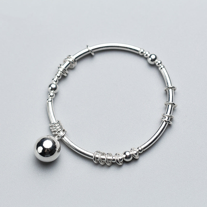 925 sterling silver big silver bead bangles handmade DIY silver circle elastic rope inside adjustable bangles for women jewelry