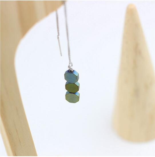 925 sterling silver blue, green geometric square earrings femininity mini hexagonal silver jewelry J0306