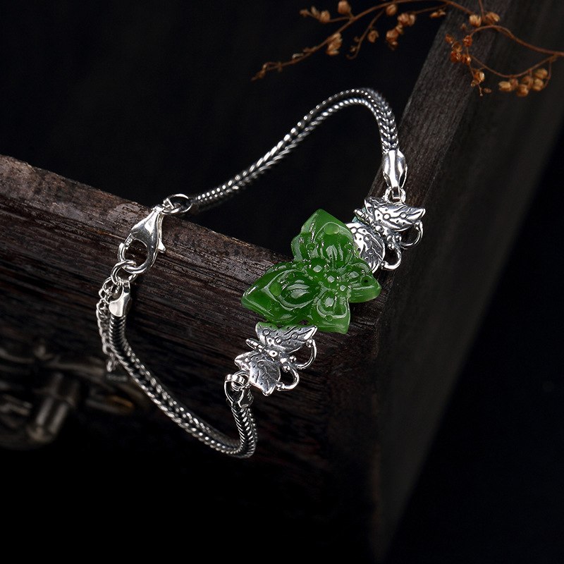 925 sterling silver butterfly green jasper bracelets bangles natural jasper three butterfly bracelets for women jade jewelry