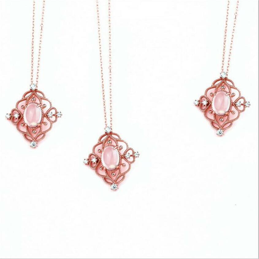 925 sterling silver classical style garnet rose quartz necklace female retro beautiful wild J0241
