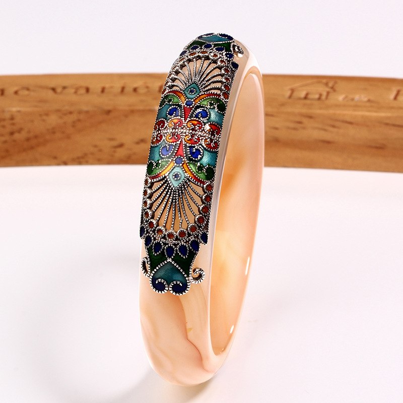 925 sterling silver cloisonne jade agate bangles red yellow round tail feather jade bangles for women wedding party jewelry gift