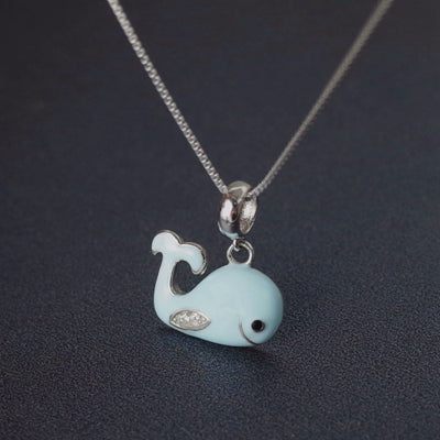 925 sterling silver drop of glaze light blue cartoon little whale pendants necklace image design cute wild women necklace gift