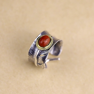 925 sterling silver feather red agate rings silver handmade natural China red color feather rings for women jewelry for charms