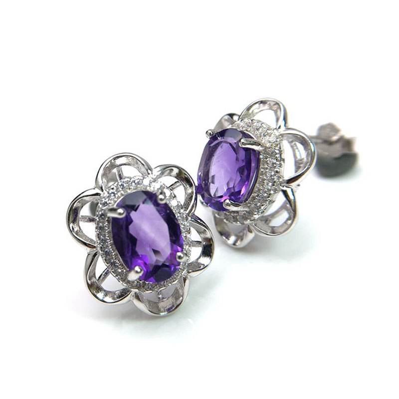 925 sterling silver flower shape stud earring with natural good color african amethyst gemstone fine jewelry for women best gift