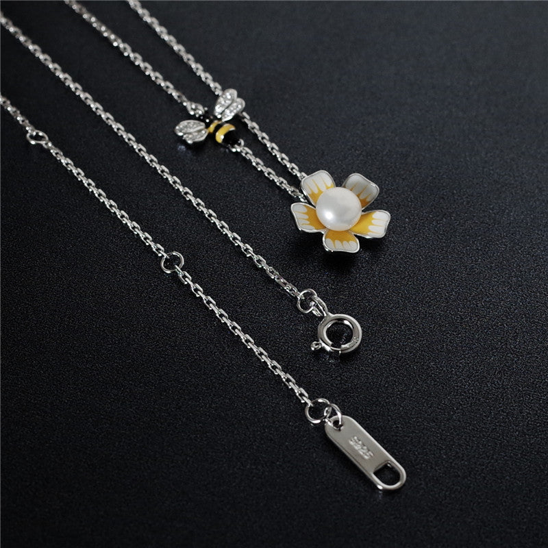 925 sterling silver flowers bee necklace gold drop glaze zircon bee pearl flowers pendant necklace for women charms jewelry gift
